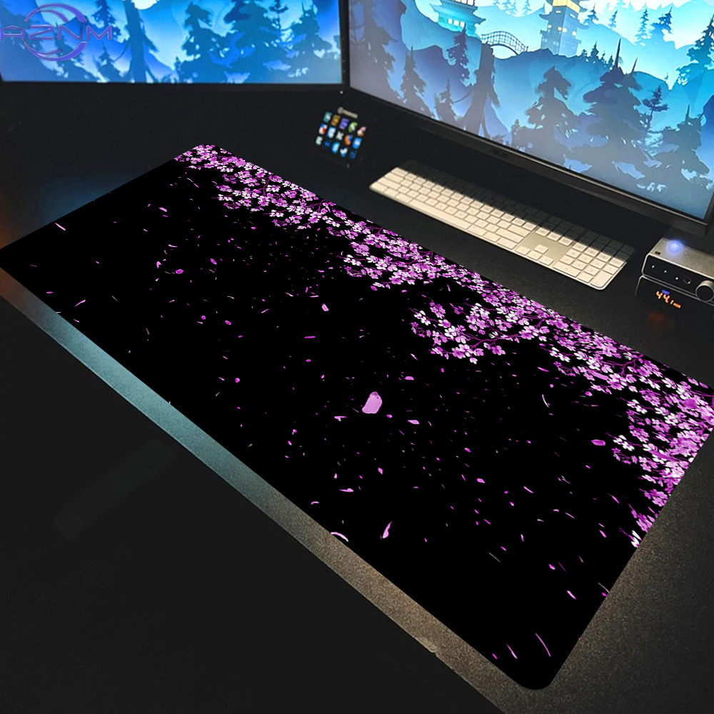 Tradescantia Purple - かわいい紫の花デスクマット黒桜ゲーミングマウスパッドオフィスカーペット桜 1200 × 600 ミリメートルマウスパッドゲーマーコンピュータマット